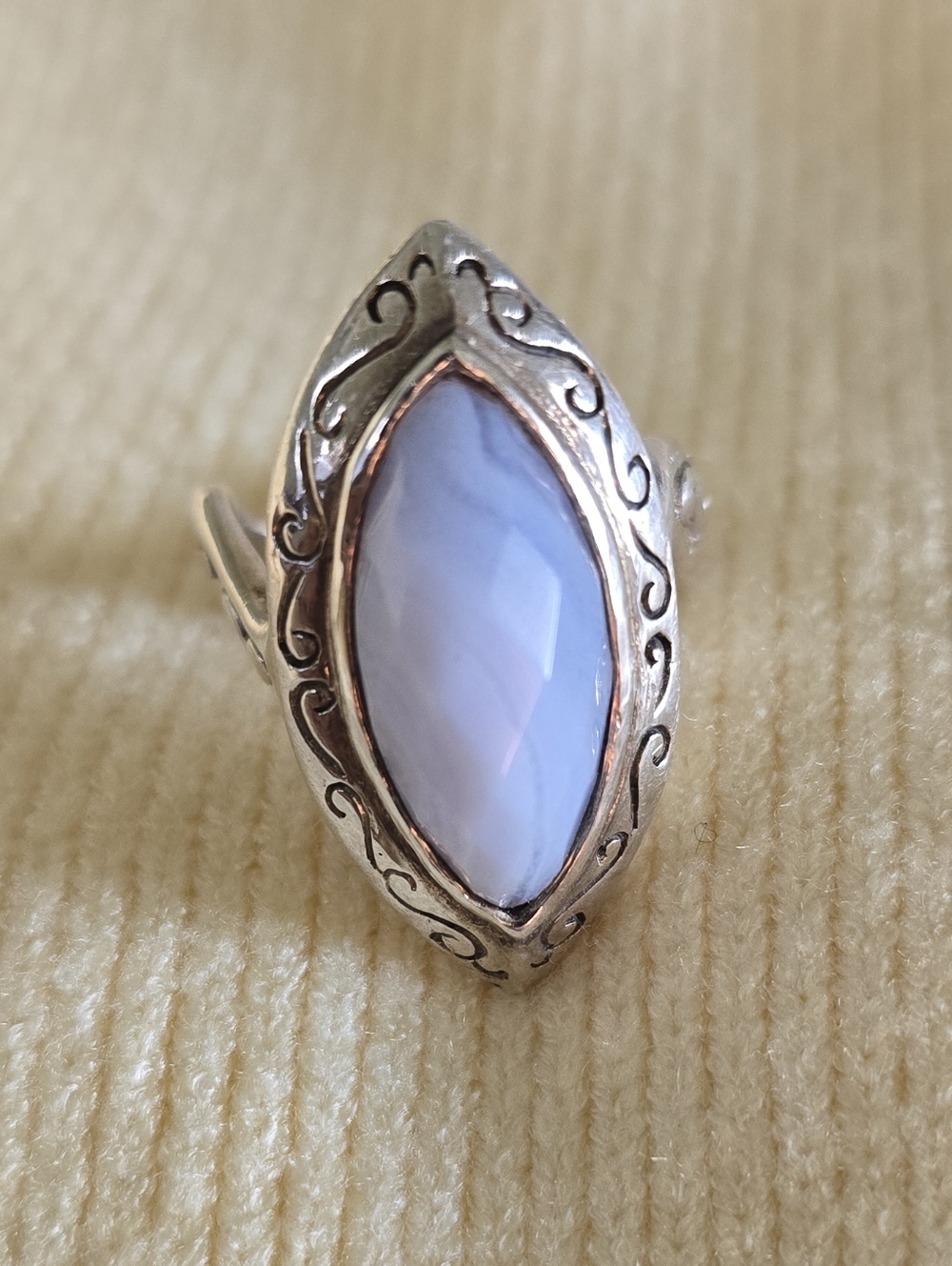 Blue Agate Checkerboard Marquise Ring